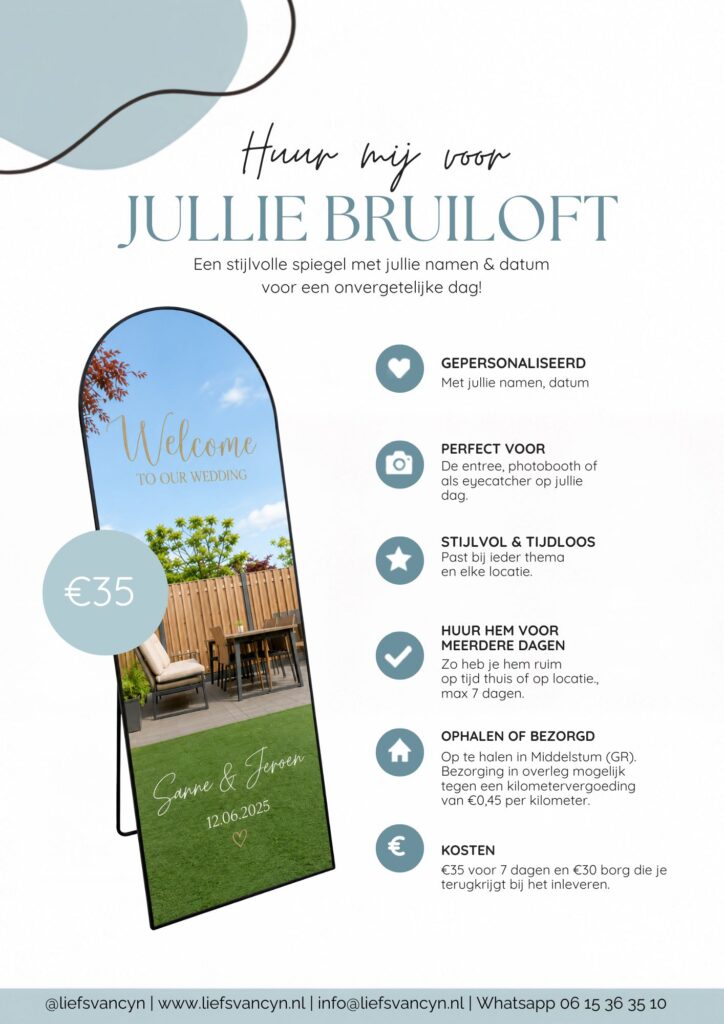 Gepersonaliseerde trouwspiegel voor een bruiloft met namen en trouwdatum.
