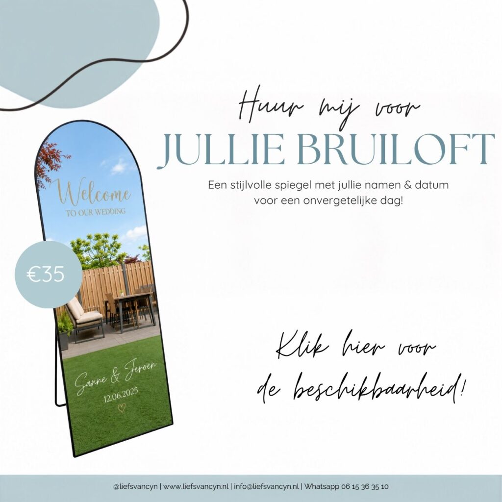 Stijlvolle gepersonaliseerde trouwspiegel met namen en trouwdatum.